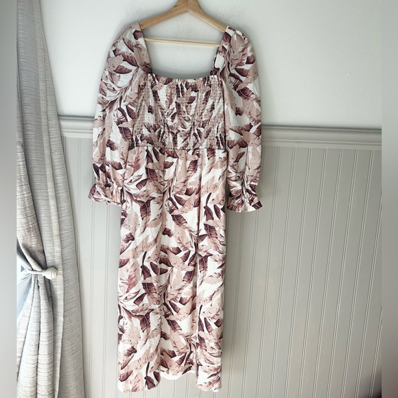 House of Harlow 1960 Small Linen Blend Mauve Palm Leaf Cream Midi Dress - Picture 6 of 6